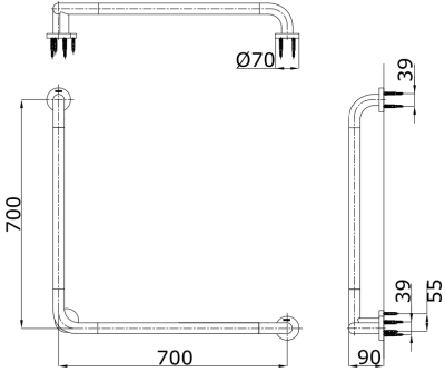 GT114CL9#NW1 ราวจับรูปตัว L สีขาว (ขนาด: 700 x 700 x 90 มม, ø 34 มม.)