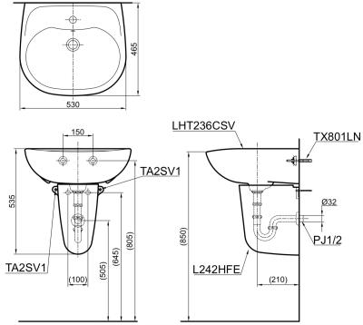 LHT236CV อ่างล้างหน้า แบบขาตั้งลอย