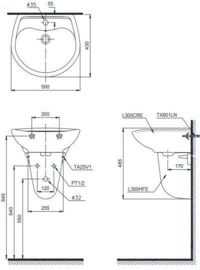 LHT300CRV อ่างล้างหน้า แบบขาตั้งลอย