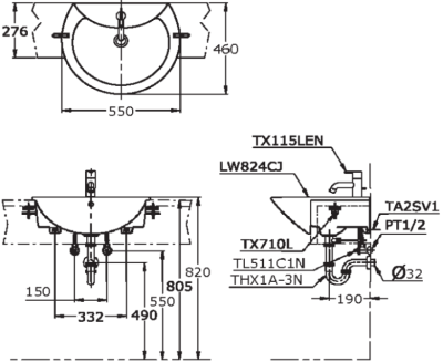 LW824CJW/F อ่างล้างหน้า แบบฝังครึ่งเคาน์เตอร์ รุ่น AVANTE
