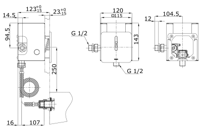 TTUE601DC3 ฟลัชวาล์วเซ็นเซอร์โถปัสสาวะชายชนิดน้ำเข้าด้านหลัง แบบถ่านอัลคาไลน์