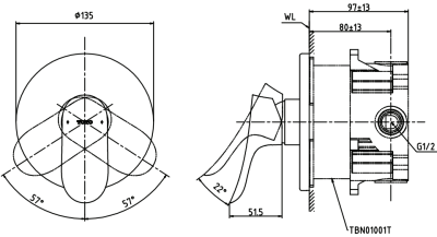 TBG01S03T ก๊อกผสมสำหรับยืนอาบน้ำ ชนิดฝังผนัง พร้อม Mini Unit
