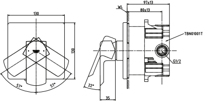 TBG02S03T ก๊อกผสมสำหรับยืนอาบน้ำ ชนิดฝังผนัง พร้อม Mini Unit