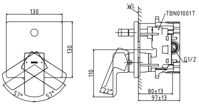 TBG02S04T#BFG ก๊อกผสมยืนอาบน้ำชนิดฝังผนังพร้อมชุดเปลี่ยนทิศทางน้ำ