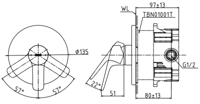 TBG03S03T#BBR ก๊อกผสมยืนอาบน้ำ ชนิดฝังผนัง