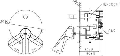TBG03S04T ก๊อกผสมสำหรับยืนอาบน้ำ ชนิดฝังผนัง พร้อมชุดเปลี่ยนทิศทางน้ำและ Mini Unit