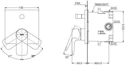 TBG04S04T ก๊อกผสมสำหรับยืนอาบน้ำ ชนิดฝังผนัง พร้อมชุดเปลี่ยนทิศทางน้ำและ Mini Unit