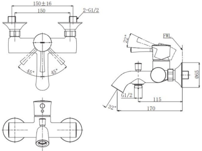 TBS02302T ก๊อกผสมสำหรับลงอ่างอาบน้ำและยืนอาบ ชนิดติดผนัง (ไม่รวมชุดฝักบัวสายอ่อน)