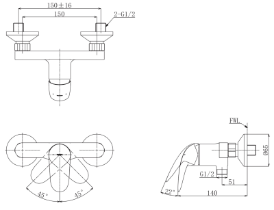 TBS03301TR ก๊อกผสมสำหรับยืนอาบน้ำ ชนิดติดผนัง (ไม่รวมชุดฝักบัวสายอ่อน)