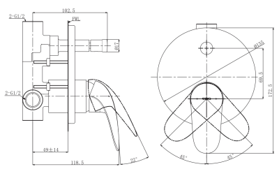TBS03304T ก๊อกผสมสำหรับลงอ่างอาบน้ำและยืนอาบ ชนิดฝังผนัง พร้อมชุดเปลี่ยนทิศทางน้ำ