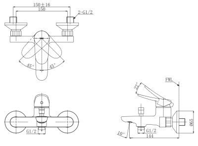 TBS04302T ก๊อกผสมสำหรับลงอ่างอาบน้ำและยืนอาบ ชนิดติดผนัง (ไม่รวมชุดฝักบัวสายอ่อน)