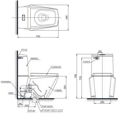 CWT680 สุขภัณฑ์ แบบสองชิ้น 3/6 ลิตร รุ่น JEWELHEX