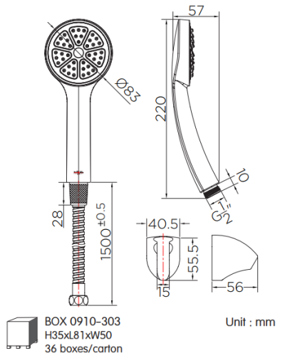 KS-25-211-50 ฝักบัวสายอ่อน ปรับน้ำ 1 ระดับ ขนาด Ø 8.3 ซม. พร้อมสายสแตนเลส