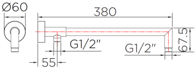 KS-01-423-50 ท่อลอยติดผนัง สำหรับหัวฝักบัว Rain Shower ทรงกลม ยาว 35 ซม. พร้อมทางน้ำเข้า  (Inlet)