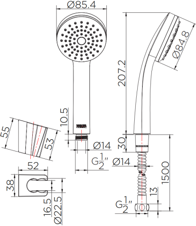 KS-32-231-50	ฝักบัวสายอ่อนปรับน้ำ 1 ระดับ ø 8.5 ซม. พร้อมสายสแตนเลสและขอแขวน