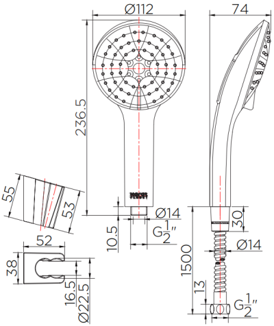 KS-33-233-50 ฝักบัวสายอ่อน ปรับน้ำ 3 ระดับ ø 11 ซม. พร้อมสายสแตนเลส 304