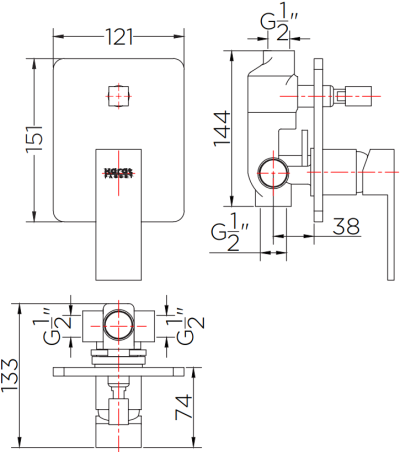 KF-25-861-50 ก๊อกผสมฝังผนังแบบก้านโยก พร้อมที่สลับทางน้ำ (Diverter) สำหรับฝักบัวก้านแข็ง