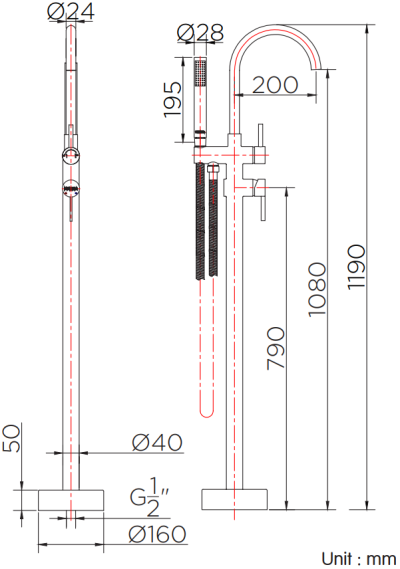 KF-42-771-50 ก๊อกผสมลงอ่างแบบตั้งขึ้นจากพื้น พร้อมฝักบัวสายอ่อน (ทรงกลม)