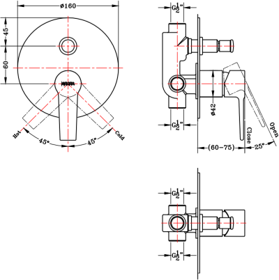 KF-18-861-50 ก๊อกผสมฝังผนังแบบก้านโยก พร้อมที่สลับทางน้ำ (Diverter) สำหรับฝักบัวก้านแข็ง