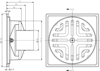 FUVHU-W001BS ตะแกรงกันกลิ่นสี่เหลี่ยม 4" ฝากลม ท่อ 1.1/2"