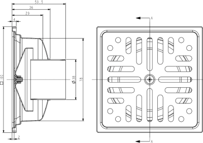 FUVHU-W002AS ตะแกรงกันกลิ่นสี่เหลี่ยม 4" ฝาเหลี่ยม ท่อ 2"