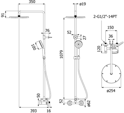 FJVHS-144PAS ฝักบัวฉาก3/4"หัว10"+ก๊อกคู่ผสม+มือถือ120ADS