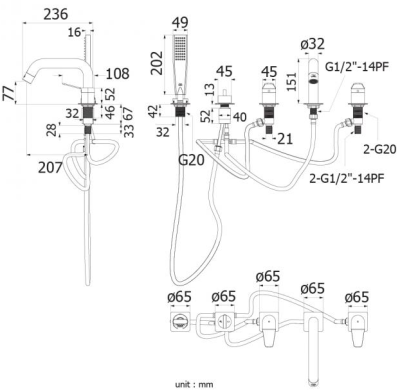 HFVSP-4002C2 ก๊อกคู่ผสมอ่างอาบน้ำ แบบตั้งพื้น พร้อมฝักบัวมือถือ รุ่น CONTOUR