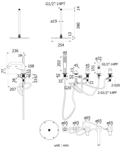 HFVSB-4002C4 ก๊อกคู่ผสมอ่างอาบน้ำแบบตั้งพื้นพร้อมฝักบัวก้านแข็งติดเพดานขนาด10"และฝักบัวมือถือขนาด2"x4" รุ่น CONTOUR