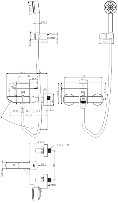 HFVSP-412171 ก๊อกเดี่ยวผสมอ่างอาบน้ำแบบติดผนังพร้อมฝักบัวมือถือ รุ่น FORTE