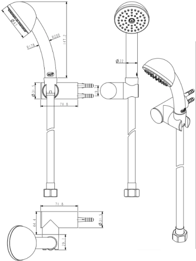 FJHOF-116BWZ ฝักบัวด้ามโค้งสีขาว 2.1/2" สาย 1.5 พลาสติกสีขาว รุ่น JOLLY