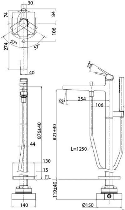 TBG10306T ก๊อกผสมสำหรับลงอ่างอาบน้ำแบบตั้งพื้น พร้อมชุดฝักบัวสายอ่อน