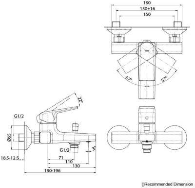 TBG10302T ก๊อกผสมสำหรับลงอ่างอาบน้ำและยืนอาบ ชนิดติดผนัง (ไม่รวมชุดฝักบัวสายอ่อน)