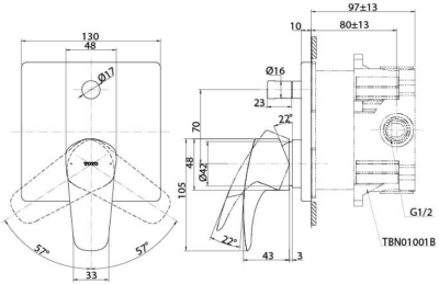 TBG09S04T#PN ก๊อกผสมสำหรับลงอ่างอาบน้ำและยืนอาบชนิดฝังผนัง พร้อมชุดเปลี่ยนทิศทางน้ำ