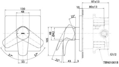 TBG09S03T ก๊อกผสมสำหรับยืนอาบน้ำ ชนิดฝังผนัง