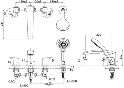 TBG09202T ก๊อกผสมสำหรับลงอ่างอาบน้ำ ชนิดติดเคาน์เตอร์ พร้อมชุดฝักบัวสายอ่อน (4 รูก๊อก)