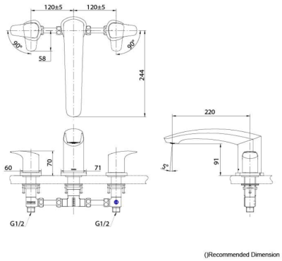 TBG09201T#BFG ก๊อกผสมสำหรับลงอ่างอาบน้ำ ชนิดติดเคาน์เตอร์ (3 รูก๊อก)