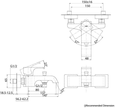 TBG08302T ก๊อกผสมสำหรับลงอ่างอาบน้ำและยืนอาบ ชนิดติดผนัง (ไม่รวมชุดฝักบัวสายอ่อน