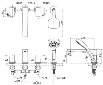 TBG07202T ก๊อกผสมสำหรับลงอ่างอาบน้ำ ชนิดติดเคาน์เตอร์ พร้อมชุดฝักบัวสายอ่อน (4 รูก๊อก)