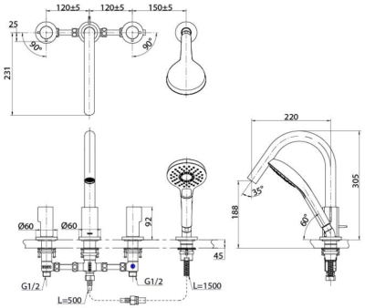 TBG11202T ก๊อกผสมสำหรับลงอ่างอาบน้ำ ชนิดติดเคาน์เตอร์ พร้อมชุดฝักบัวสายอ่อน (4 รูก๊อก)