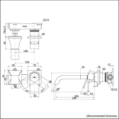 TLG08308T ก๊อกผสมอ่างล้างหน้าแบบก้านโยก ชนิดฝังผนัง (Long Spout) ไม่รวมสะดือ
