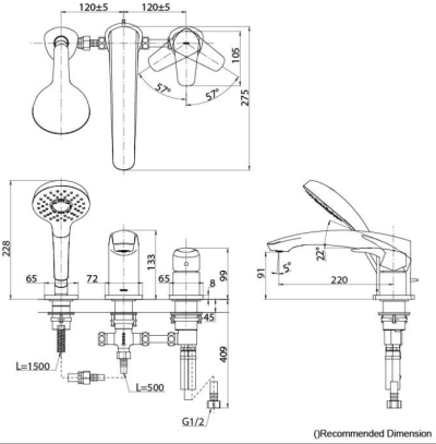 TBG09305T ก๊อกผสมสำหรับลงอ่างอาบน้ำ ชนิดติดเคาน์เตอร์ พร้อมชุดฝักบัวสายอ่อน (3 รูก๊อก)