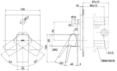 TBG10S04T#PN ก๊อกผสมสำหรับลงอ่างอาบน้ำและยืนอาบชนิดฝังผนัง พร้อมชุดเปลี่ยนทิศทางน้ำ