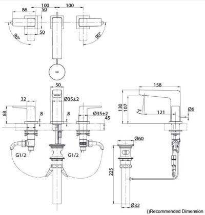 TLG10201T ก๊อกผสมอ่างล้างหน้า 3 รูก๊อก พร้อมสะดือป๊อปอัพ