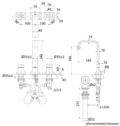TLG08201T ก๊อกผสมอ่างล้างหน้า 3 รูก๊อก พร้อมสะดือป๊อปอัพ