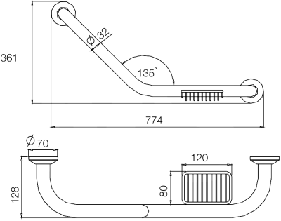 HR-6101-S-2-30 ราวพทรงตัว 135 องศา พร้อมที่วางสบู่ ขนาด 300x300 มม.