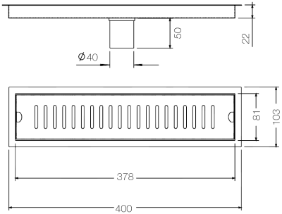 TSD-400 ตะแกรงกันกลิ่นสแตนเลส แบบรางยาว 100x400x72 สำหรับท่อ 2" - 2.5"