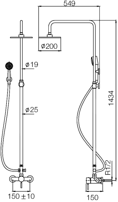 WS-8081L ชุดฝักบัวอาบน้ำแบบผสม ปรับระดับได้ พร้อมตัวปรับทางน้ำ คอ L (หัวฝักบัว 8 นิ้ว)