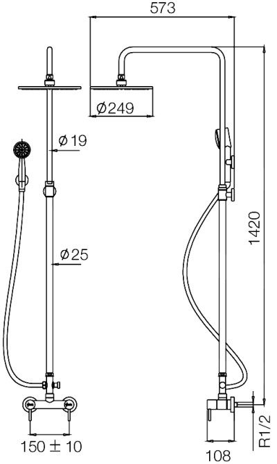 WS-8071L ชุดฝักบัวอาบน้ำ แบบผสม ปรับระดับได้พร้อมตัวปรับทางน้ำ คอ L (หัวฝักบัว 10 นิ้ว)