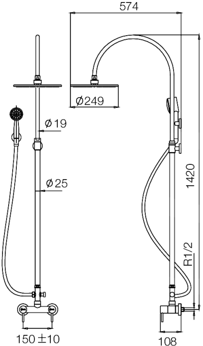 WS-8071J ชุดฝักบัวอาบน้ำ แบบผสม ปรับระดับได้พร้อมตัวปรับทางน้ำ คอ J (หัวฝักบัว 10 นิ้ว)