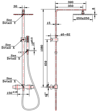 KRS-001-711-41 ก๊อกผสมติดผนัง (Thermostatic) พร้อมชุดฝักบัว Rain Shower หัวฝักบัวขนาด 25x25 ซม. และฝักบัวสายอ่อนปรับน้ำ 1 ระดับ สีทองด้าน